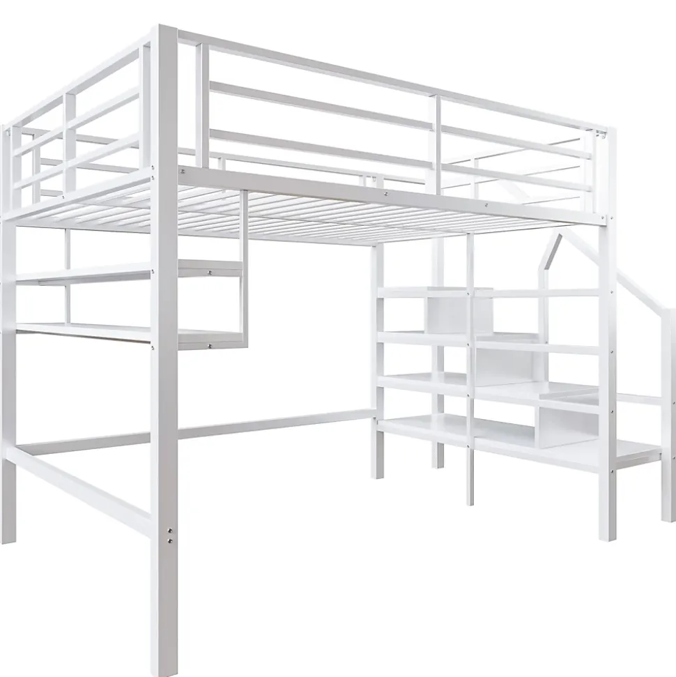 Lit superposé 140x200 cm avec étagères intégrées et échelle de rangement, structure métal blanche