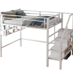 Lit superposé 140x200 cm avec étagères intégrées et échelle de rangement, structure métal blanche