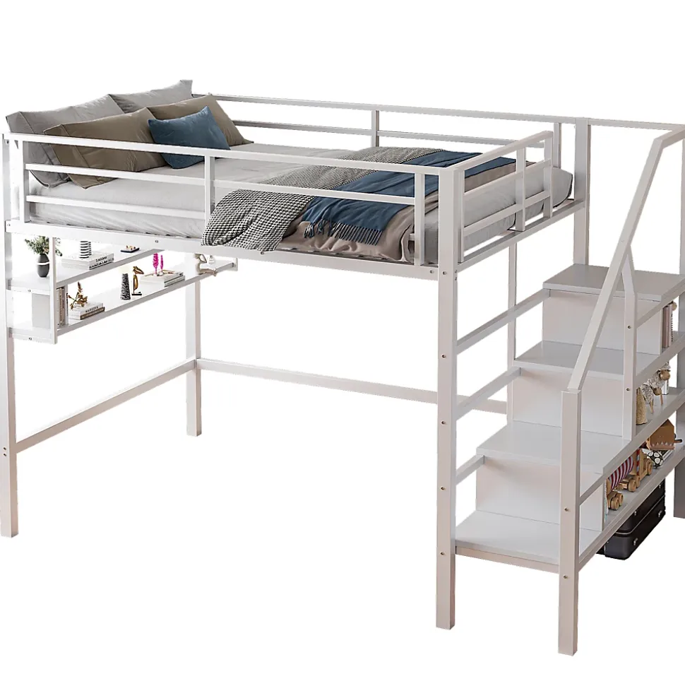 Lit superposé 140x200 cm avec étagères intégrées et échelle de rangement, structure métal blanche