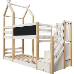 Lit superposé 90x200 cm avec tableau noir intégré - Lit enfant pratique avec sommiers inclus - Sans matelas - Blanc