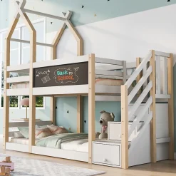 Lit superposé 90x200 cm avec tableau noir intégré - Lit enfant pratique avec sommiers inclus - Sans matelas - Blanc