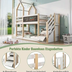 Lit superposé 90x200 cm avec tableau noir intégré - Lit enfant pratique avec sommiers inclus - Sans matelas - Blanc