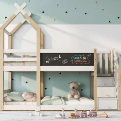 Lit superposé 90x200 cm avec tableau noir intégré - Lit enfant pratique avec sommiers inclus - Sans matelas - Blanc