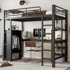 Lit superposé 90x200 cm, avec table, armoire, échelle 5 marches, cadre métal, noir