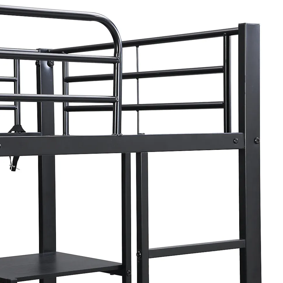 Lit superposé 90x200 cm, avec table, armoire, échelle 5 marches, cadre métal, noir