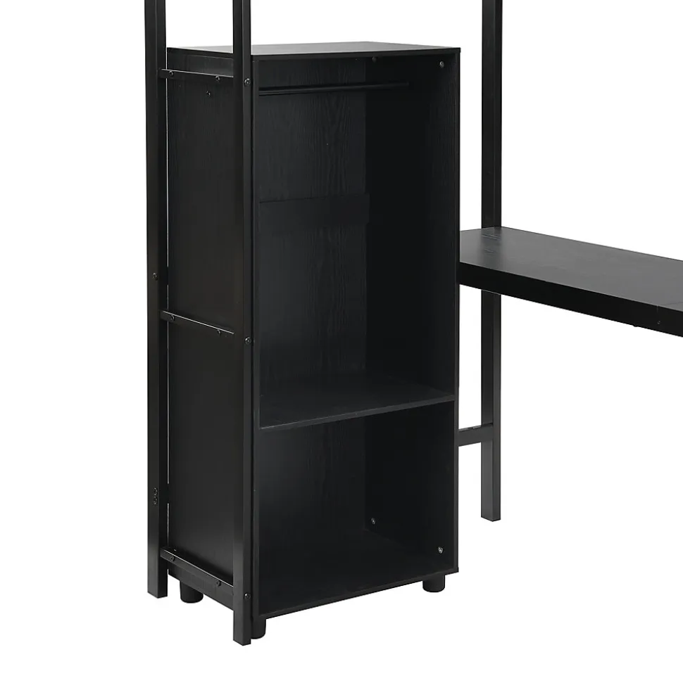 Lit superposé 90x200 cm, avec table, armoire, échelle 5 marches, cadre métal, noir