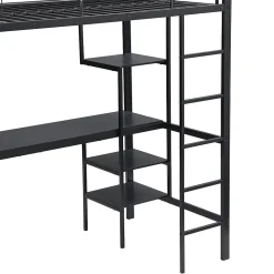 Lit superposé 90x200 cm, avec table, armoire, échelle 5 marches, cadre métal, noir