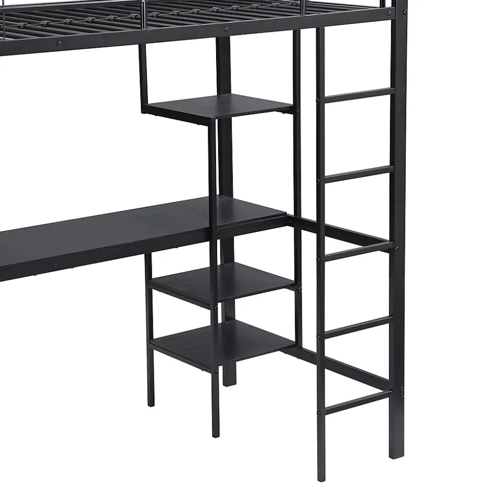 Lit superposé 90x200 cm, avec table, armoire, échelle 5 marches, cadre métal, noir