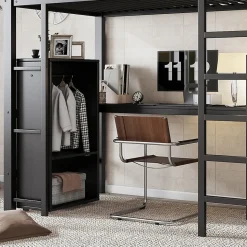 Lit superposé 90x200 cm, avec table, armoire, échelle 5 marches, cadre métal, noir