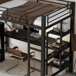 Lit superposé 90x200 cm, avec table, armoire, échelle 5 marches, cadre métal, noir