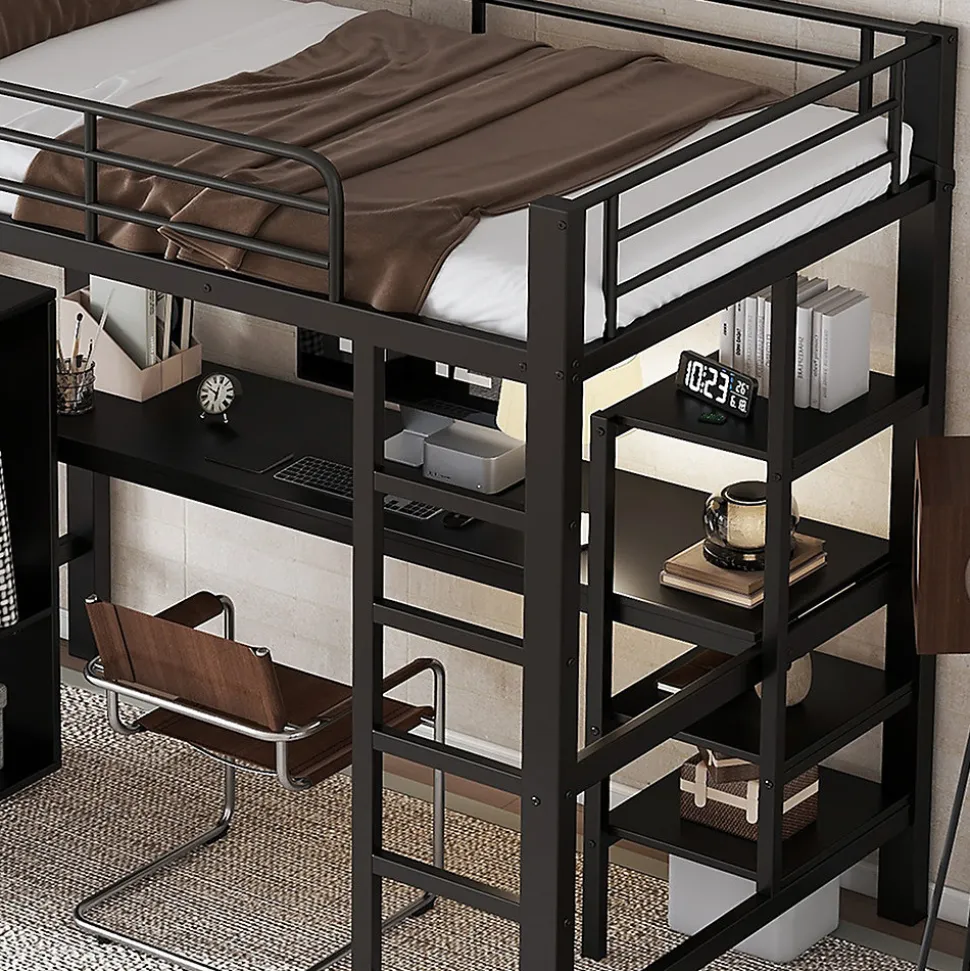 Lit superposé 90x200 cm, avec table, armoire, échelle 5 marches, cadre métal, noir