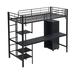 Lit superposé 90x200 cm, avec table, armoire, échelle 5 marches, cadre métal, noir