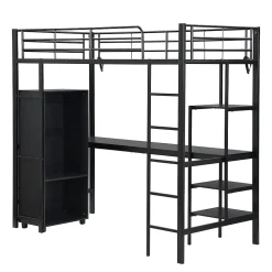 Lit superposé 90x200 cm, avec table, armoire, échelle 5 marches, cadre métal, noir