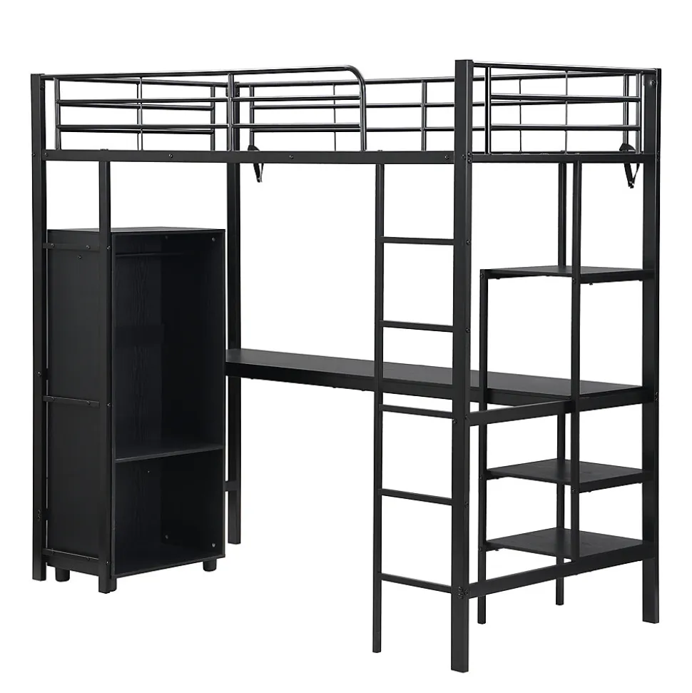 Lit superposé 90x200 cm, avec table, armoire, échelle 5 marches, cadre métal, noir