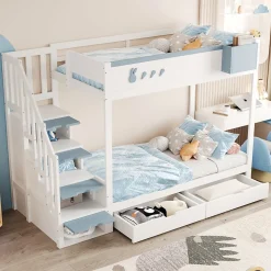 Lit superposé 90x200 cm avec tiroirs et étagère amovible, structure bois blanc/bleu, échelle sécurisée