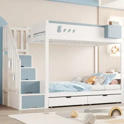 Lit superposé 90x200 cm avec tiroirs et étagère amovible, structure bois blanc/bleu, échelle sécurisée