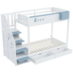 Lit superposé 90x200 cm avec tiroirs et étagère amovible, structure bois blanc/bleu, échelle sécurisée