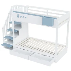 Lit superposé 90x200 cm avec tiroirs et étagère amovible, structure bois blanc/bleu, échelle sécurisée
