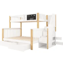 Lit superposé 90x200 cm avec tiroirs et échelle intégrée, structure en pin massif blanc et chêne clair