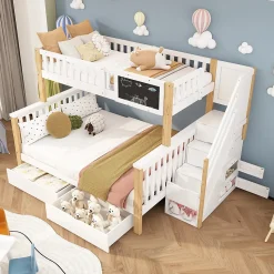 Lit superposé 90x200 cm avec tiroirs et échelle intégrée, structure en pin massif blanc et chêne clair