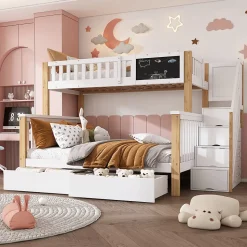 Lit superposé 90x200 cm avec tiroirs et échelle intégrée, structure en pin massif blanc et chêne clair