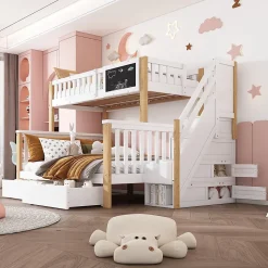 Lit superposé 90x200 cm avec tiroirs et échelle intégrée, structure en pin massif blanc et chêne clair