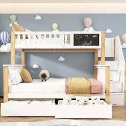 Lit superposé 90x200 cm avec tiroirs et échelle intégrée, structure en pin massif blanc et chêne clair