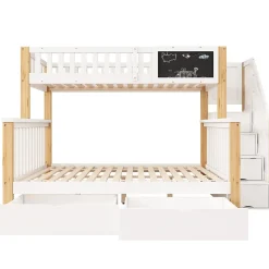 Lit superposé 90x200 cm avec tiroirs et échelle intégrée, structure en pin massif blanc et chêne clair