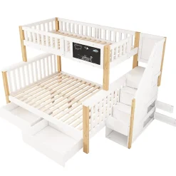 Lit superposé 90x200 cm avec tiroirs et échelle intégrée, structure en pin massif blanc et chêne clair