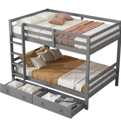 Lit superposé 140x200 cm avec tiroirs de rangement et échelle intégrée, structure pin/MDF gris
