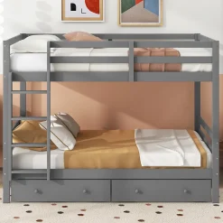 Lit superposé 140x200 cm avec tiroirs de rangement et échelle intégrée, structure pin/MDF gris