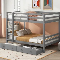 Lit superposé 140x200 cm avec tiroirs de rangement et échelle intégrée, structure pin/MDF gris