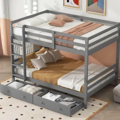 Lit superposé 140x200 cm avec tiroirs de rangement et échelle intégrée, structure pin/MDF gris
