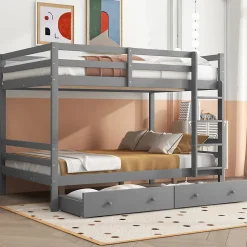 Lit superposé 140x200 cm avec tiroirs de rangement et échelle intégrée, structure pin/MDF gris