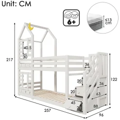 Lit superposé 90x200 cm avec tiroirs et échelle intégrée, peinture blanche, pin massif, gain de place enfant