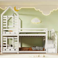 Lit superposé 90x200 cm avec tiroirs et échelle intégrée, peinture blanche, pin massif, gain de place enfant