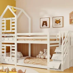 Lit superposé 90x200 cm avec tiroirs et échelle intégrée, peinture blanche, pin massif, gain de place enfant