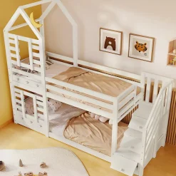 Lit superposé 90x200 cm avec tiroirs et échelle intégrée, peinture blanche, pin massif, gain de place enfant
