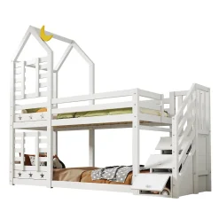 Lit superposé 90x200 cm avec tiroirs et échelle intégrée, peinture blanche, pin massif, gain de place enfant