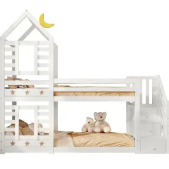 Lit superposé 90x200 cm avec tiroirs et échelle intégrée, peinture blanche, pin massif, gain de place enfant