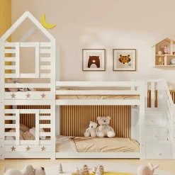 Lit superposé 90x200 cm avec tiroirs et échelle intégrée, peinture blanche, pin massif, gain de place enfant