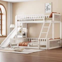 Lit superposé 140x200 cm avec toboggan ludique et étagères intégrées, structure en pin et MDF blanc