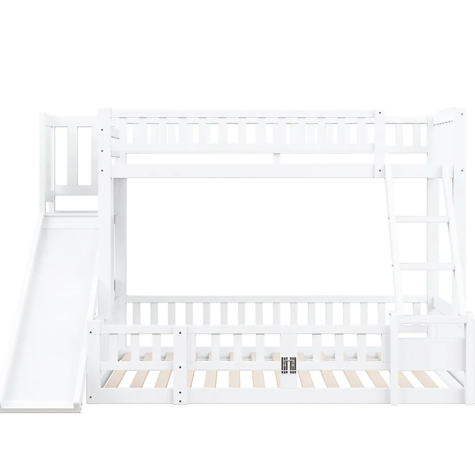 Lit superposé 140x200 cm avec toboggan ludique et étagères intégrées, structure en pin et MDF blanc