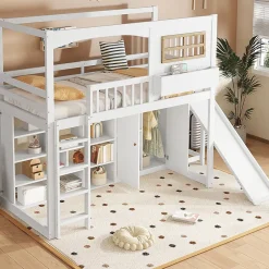 Lit superposé 90x200 cm avec toboggan et armoire intégrée, échelle 4 marches, structure pin et MDF