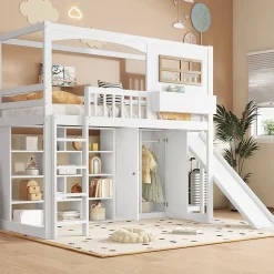 Lit superposé 90x200 cm avec toboggan et armoire intégrée, échelle 4 marches, structure pin et MDF