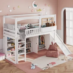 Lit superposé 90x200 cm avec toboggan et armoire intégrée, échelle 4 marches, structure pin et MDF