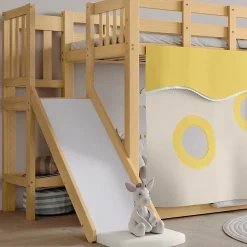 Lit superposé 90x200 cm avec toboggan et escalier intégrés, structure pin et MDF, design naturel pour chambre enfant