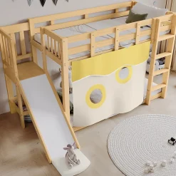 Lit superposé 90x200 cm avec toboggan et escalier intégrés, structure pin et MDF, design naturel pour chambre enfant