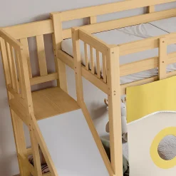 Lit superposé 90x200 cm avec toboggan et escalier intégrés, structure pin et MDF, design naturel pour chambre enfant
