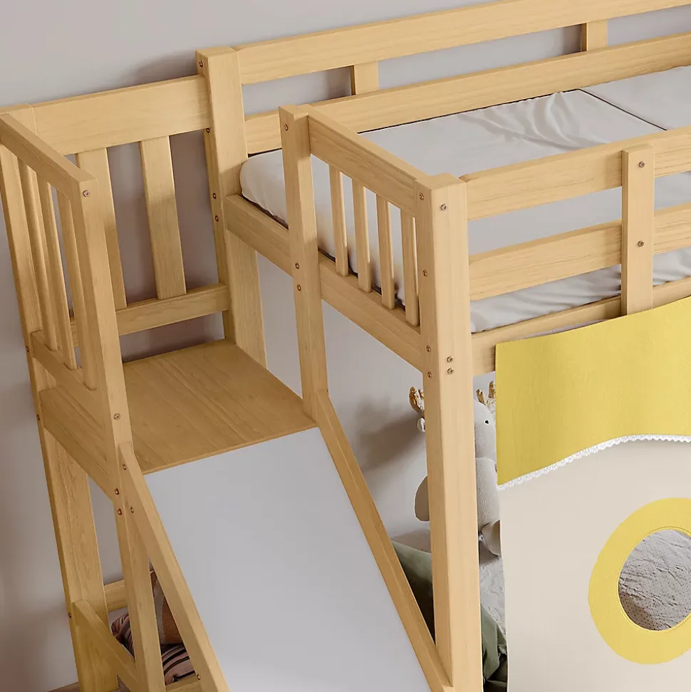 Lit superposé 90x200 cm avec toboggan et escalier intégrés, structure pin et MDF, design naturel pour chambre enfant